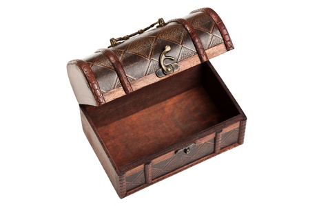 Old antique brown wood treasure chest or box white isolatedの写真素材