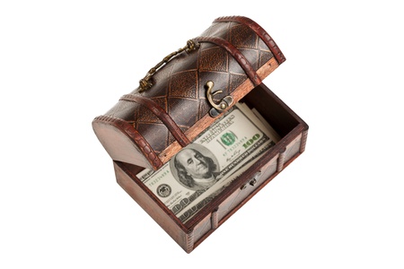 Old antique brown wood treasure chest or box with dollar currency white isolatedの写真素材