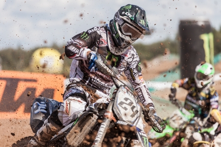 SEMIGORJE, RUSSIA - JULY 22: Grand Prix of Russia of FIM Motocross World Championship MX1 and MX2 Series on July 22, 2012 in Semigorje, Russiaのeditorial素材