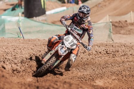 SEMIGORJE, RUSSIA - JULY 22: Grand Prix of Russia of FIM Motocross World Championship MX1 and MX2 Series on July 22, 2012 in Semigorje, Russiaのeditorial素材