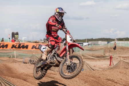 SEMIGORJE, RUSSIA - JULY 22: Grand Prix of Russia of FIM Motocross World Championship MX1 and MX2 Series on July 22, 2012 in Semigorje, Russiaのeditorial素材