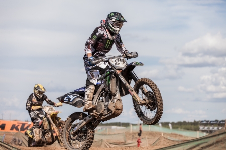SEMIGORJE, RUSSIA - JULY 22: Grand Prix of Russia of FIM Motocross World Championship MX1 and MX2 Series on July 22, 2012 in Semigorje, Russiaのeditorial素材