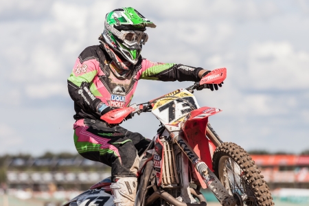 SEMIGORJE, RUSSIA - JULY 22: Grand Prix of Russia of FIM Motocross World Championship MX1 and MX2 Series on July 22, 2012 in Semigorje, Russiaのeditorial素材