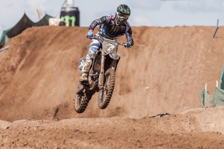 SEMIGORJE, RUSSIA - JULY 22: Grand Prix of Russia of FIM Motocross World Championship MX1 and MX2 Series on July 22, 2012 in Semigorje, Russiaのeditorial素材