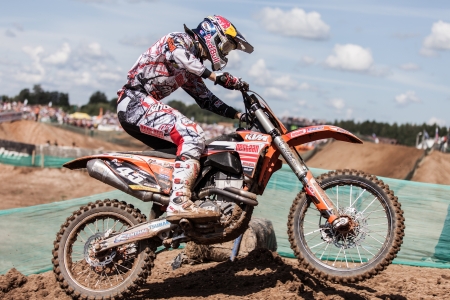 SEMIGORJE, RUSSIA - JULY 22: Grand Prix of Russia of FIM Motocross World Championship MX1 and MX2 Series on July 22, 2012 in Semigorje, Russiaのeditorial素材