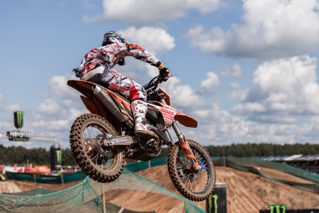 SEMIGORJE, RUSSIA - JULY 22: Grand Prix of Russia of FIM Motocross World Championship MX1 and MX2 Series on July 22, 2012 in Semigorje, Russiaのeditorial素材