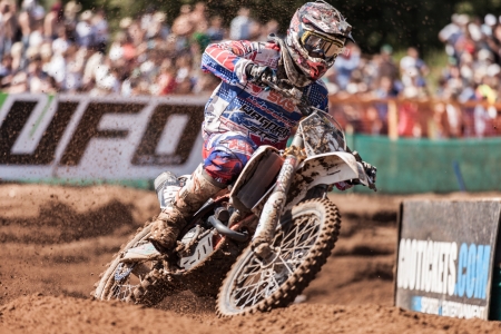 SEMIGORJE, RUSSIA - JULY 22: Grand Prix of Russia of FIM Motocross World Championship MX1 and MX2 Series on July 22, 2012 in Semigorje, Russiaのeditorial素材