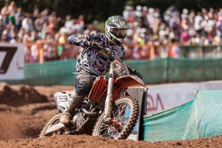 SEMIGORJE, RUSSIA - JULY 22: Grand Prix of Russia of FIM Motocross World Championship MX1 and MX2 Series on July 22, 2012 in Semigorje, Russiaのeditorial素材