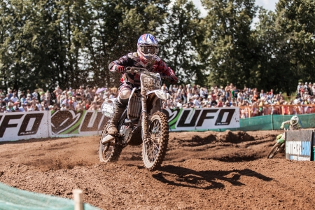 SEMIGORJE, RUSSIA - JULY 22: Grand Prix of Russia of FIM Motocross World Championship MX1 and MX2 Series on July 22, 2012 in Semigorje, Russiaのeditorial素材