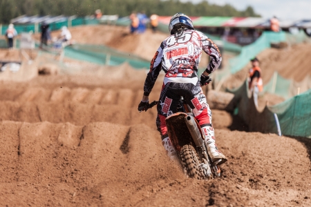 SEMIGORJE, RUSSIA - JULY 22: Grand Prix of Russia of FIM Motocross World Championship MX1 and MX2 Series on July 22, 2012 in Semigorje, Russiaのeditorial素材
