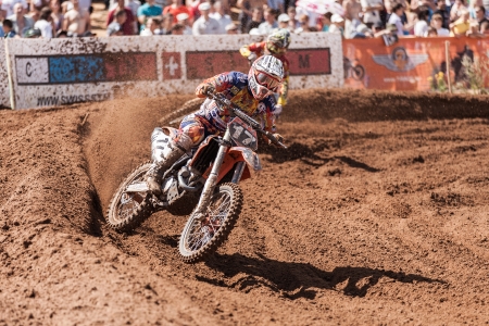 SEMIGORJE, RUSSIA - JULY 22: Grand Prix of Russia of FIM Motocross World Championship MX1 and MX2 Series on July 22, 2012 in Semigorje, Russiaのeditorial素材