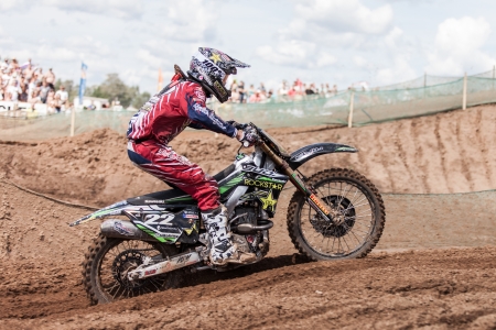 SEMIGORJE, RUSSIA - JULY 22: Grand Prix of Russia of FIM Motocross World Championship MX1 and MX2 Series on July 22, 2012 in Semigorje, Russiaのeditorial素材