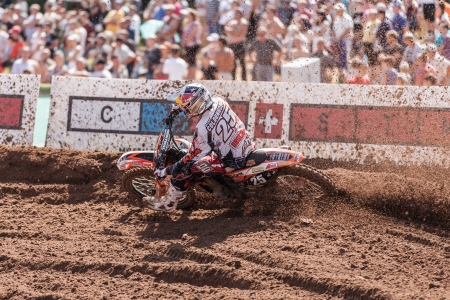 SEMIGORJE, RUSSIA - JULY 22: Grand Prix of Russia of FIM Motocross World Championship MX1 and MX2 Series on July 22, 2012 in Semigorje, Russiaのeditorial素材