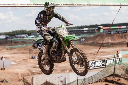 SEMIGORJE, RUSSIA - JULY 22: Grand Prix of Russia of FIM Motocross World Championship MX1 and MX2 Series on July 22, 2012 in Semigorje, Russiaのeditorial素材