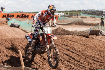 SEMIGORJE, RUSSIA - JULY 22: Grand Prix of Russia of FIM Motocross World Championship MX1 and MX2 Series on July 22, 2012 in Semigorje, Russiaのeditorial素材