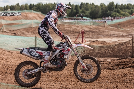SEMIGORJE, RUSSIA - JULY 22: Grand Prix of Russia of FIM Motocross World Championship MX1 and MX2 Series on July 22, 2012 in Semigorje, Russiaのeditorial素材