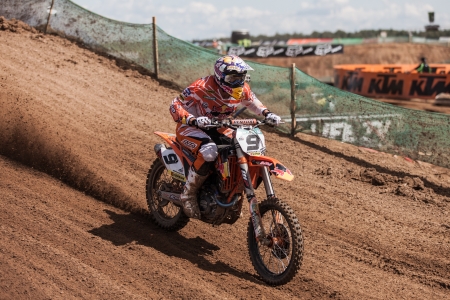 SEMIGORJE, RUSSIA - JULY 22: Grand Prix of Russia of FIM Motocross World Championship MX1 and MX2 Series on July 22, 2012 in Semigorje, Russiaのeditorial素材