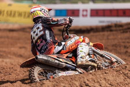 SEMIGORJE, RUSSIA - JULY 22: Grand Prix of Russia of FIM Motocross World Championship MX1 and MX2 Series on July 22, 2012 in Semigorje, Russiaのeditorial素材