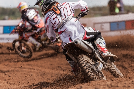 SEMIGORJE, RUSSIA - JULY 22: Grand Prix of Russia of FIM Motocross World Championship MX1 and MX2 Series on July 22, 2012 in Semigorje, Russiaのeditorial素材