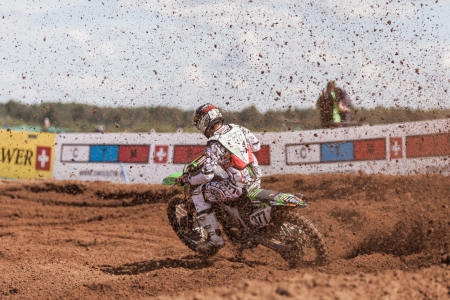 SEMIGORJE, RUSSIA - JULY 22: Grand Prix of Russia of FIM Motocross World Championship MX1 and MX2 Series on July 22, 2012 in Semigorje, Russiaのeditorial素材