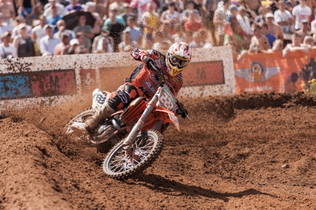 SEMIGORJE, RUSSIA - JULY 22: Grand Prix of Russia of FIM Motocross World Championship MX1 and MX2 Series on July 22, 2012 in Semigorje, Russiaのeditorial素材
