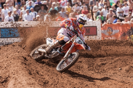 SEMIGORJE, RUSSIA - JULY 22: Grand Prix of Russia of FIM Motocross World Championship MX1 and MX2 Series on July 22, 2012 in Semigorje, Russiaのeditorial素材