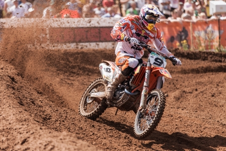 SEMIGORJE, RUSSIA - JULY 22: Grand Prix of Russia of FIM Motocross World Championship MX1 and MX2 Series on July 22, 2012 in Semigorje, Russiaのeditorial素材