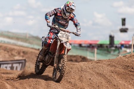SEMIGORJE, RUSSIA - JULY 22: Grand Prix of Russia of FIM Motocross World Championship MX1 and MX2 Series on July 22, 2012 in Semigorje, Russiaのeditorial素材