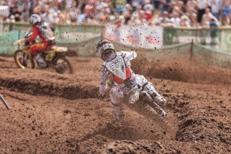 SEMIGORJE, RUSSIA - JULY 22: Grand Prix of Russia of FIM Motocross World Championship MX1 and MX2 Series on July 22, 2012 in Semigorje, Russiaのeditorial素材