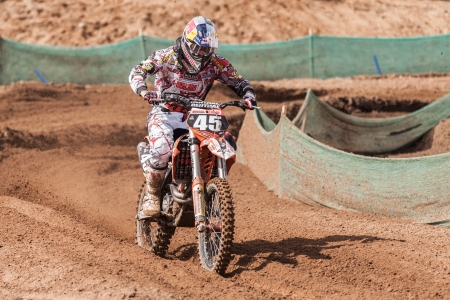 SEMIGORJE, RUSSIA - JULY 22: Grand Prix of Russia of FIM Motocross World Championship MX1 and MX2 Series on July 22, 2012 in Semigorje, Russiaのeditorial素材