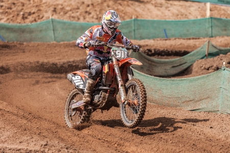 SEMIGORJE, RUSSIA - JULY 22: Grand Prix of Russia of FIM Motocross World Championship MX1 and MX2 Series on July 22, 2012 in Semigorje, Russiaのeditorial素材