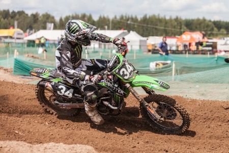 SEMIGORJE, RUSSIA - JULY 22: Grand Prix of Russia of FIM Motocross World Championship MX1 and MX2 Series on July 22, 2012 in Semigorje, Russiaのeditorial素材