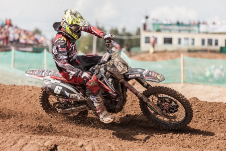SEMIGORJE, RUSSIA - JULY 22: Grand Prix of Russia of FIM Motocross World Championship MX1 and MX2 Series on July 22, 2012 in Semigorje, Russiaのeditorial素材