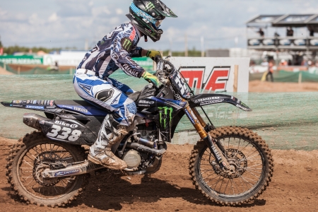 SEMIGORJE, RUSSIA - JULY 22: Grand Prix of Russia of FIM Motocross World Championship MX1 and MX2 Series on July 22, 2012 in Semigorje, Russiaのeditorial素材