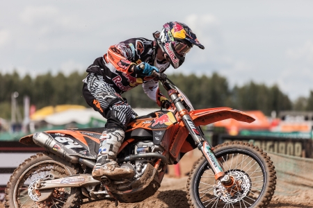 SEMIGORJE, RUSSIA - JULY 22: Grand Prix of Russia of FIM Motocross World Championship MX1 and MX2 Series on July 22, 2012 in Semigorje, Russiaのeditorial素材