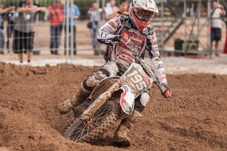 SEMIGORJE, RUSSIA - JULY 22: Grand Prix of Russia of FIM Motocross World Championship MX1 and MX2 Series on July 22, 2012 in Semigorje, Russiaのeditorial素材