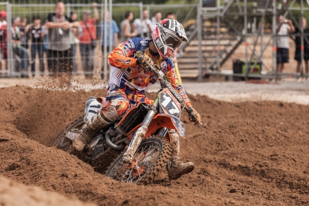 SEMIGORJE, RUSSIA - JULY 22: Grand Prix of Russia of FIM Motocross World Championship MX1 and MX2 Series on July 22, 2012 in Semigorje, Russiaのeditorial素材