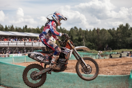 SEMIGORJE, RUSSIA - JULY 22: Grand Prix of Russia of FIM Motocross World Championship MX1 and MX2 Series on July 22, 2012 in Semigorje, Russiaのeditorial素材