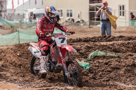 SEMIGORJE, RUSSIA - JULY 22: Grand Prix of Russia of FIM Motocross World Championship MX1 and MX2 Series on July 22, 2012 in Semigorje, Russiaのeditorial素材