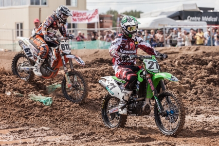 SEMIGORJE, RUSSIA - JULY 22: Grand Prix of Russia of FIM Motocross World Championship MX1 and MX2 Series on July 22, 2012 in Semigorje, Russiaのeditorial素材