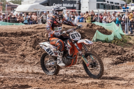 SEMIGORJE, RUSSIA - JULY 22: Grand Prix of Russia of FIM Motocross World Championship MX1 and MX2 Series on July 22, 2012 in Semigorje, Russiaのeditorial素材
