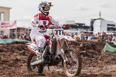 SEMIGORJE, RUSSIA - JULY 22: Grand Prix of Russia of FIM Motocross World Championship MX1 and MX2 Series on July 22, 2012 in Semigorje, Russiaのeditorial素材