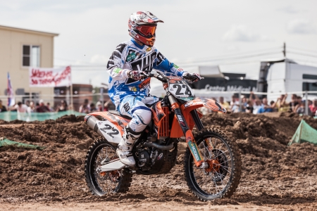 SEMIGORJE, RUSSIA - JULY 22: Grand Prix of Russia of FIM Motocross World Championship MX1 and MX2 Series on July 22, 2012 in Semigorje, Russiaのeditorial素材