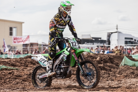 SEMIGORJE, RUSSIA - JULY 22: Grand Prix of Russia of FIM Motocross World Championship MX1 and MX2 Series on July 22, 2012 in Semigorje, Russiaのeditorial素材