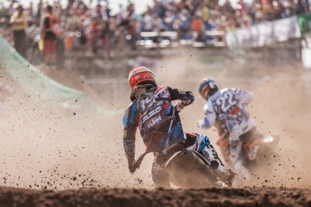 SEMIGORJE, RUSSIA - JULY 22: Grand Prix of Russia of FIM Motocross World Championship MX1 and MX2 Series on July 22, 2012 in Semigorje, Russiaのeditorial素材