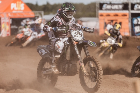 SEMIGORJE, RUSSIA - JULY 22: Grand Prix of Russia of FIM Motocross World Championship MX1 and MX2 Series on July 22, 2012 in Semigorje, Russiaのeditorial素材