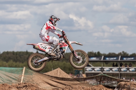 SEMIGORJE, RUSSIA - JULY 22: Grand Prix of Russia of FIM Motocross World Championship MX1 and MX2 Series on July 22, 2012 in Semigorje, Russiaのeditorial素材