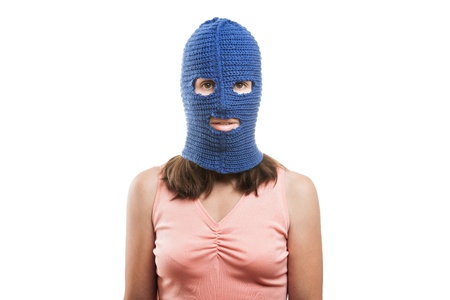 Russian protest movement concept - woman wearing balaclava or mask on head white isolatedの写真素材