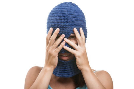 Russian protest movement concept - woman wearing balaclava or mask on head hiding or covering face white isolatedの写真素材