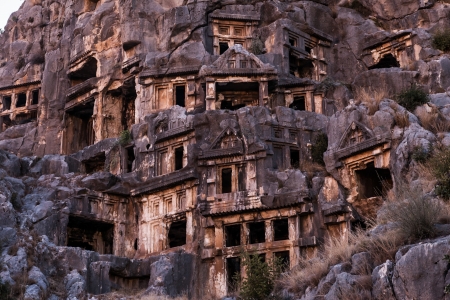 Ancient lycian Myra rock tomb ruins at Turkey Demreの写真素材